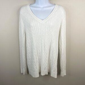 Vintage Tennis Prep Sweater Womens Large Cable Knit Neutral Capsule Comfy V Neck